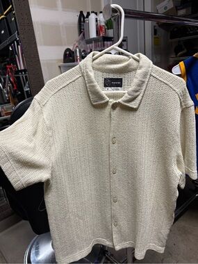 Textured Short Sleeve Button-Up Shirt in Cream . MEN